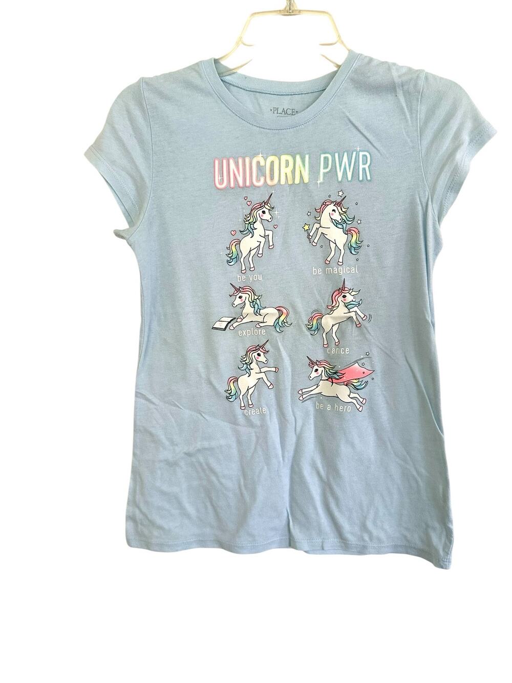 Children's Place light blue t-shirt features a "UNICORN PWR" graphic size xl